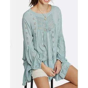 FREE PEOPLE Kiss Kiss Embroidered Tunic Mini Dress Sage XS